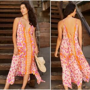 Anthropologie Abstract Island Midi Cover-Up Dress Orange Pink Deep V Neck XL NWT